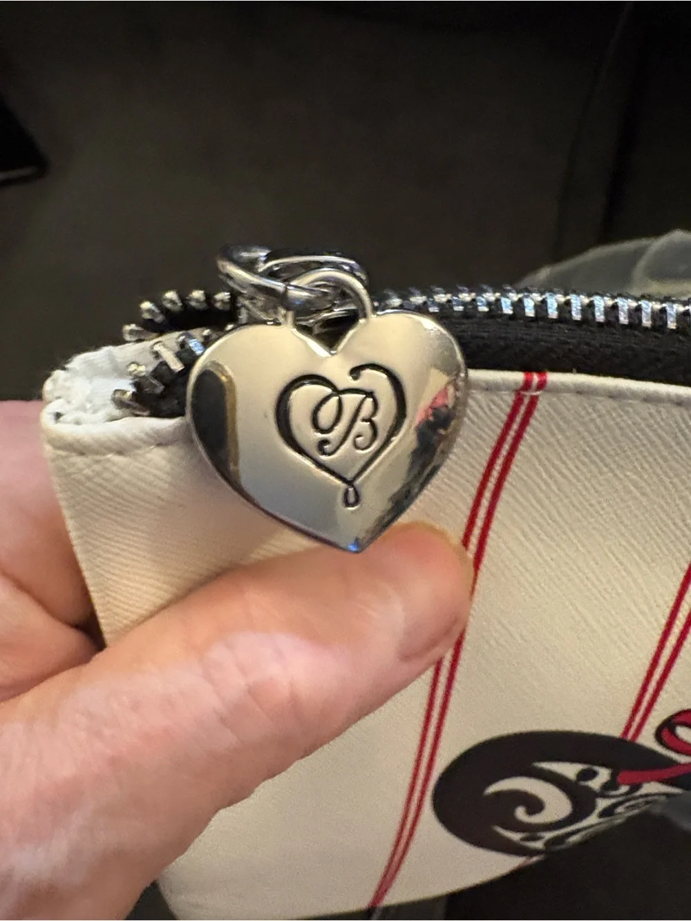 Brighton White Tote with Black Ornament Hearts and Red Ribbon Accents